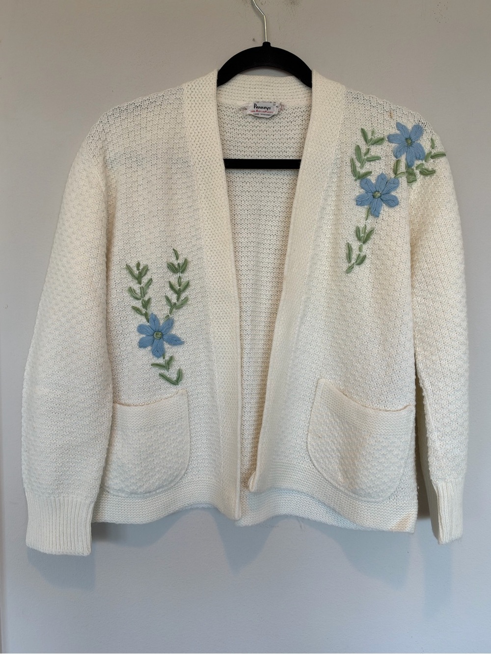 Vintage Penny’s Women's Cream Embroidered Open Cardigan Sweater -